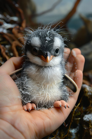 Cradling a fluffy, wide-eyed penguin chick in hands, its innocence and curiosity vividly portrayed.の素材