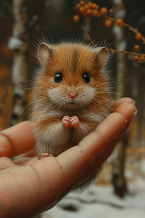 A small hamster, fur soft and eyes glistening, cupped in a child's hand, depicted with an impressive level of detail and realism.の素材