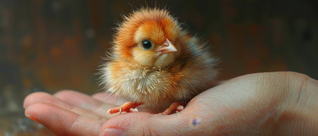 A tiny chick, with fluffy feathers and open beak, snuggled in a hand, portrays early life in hyper-realistic art.の素材
