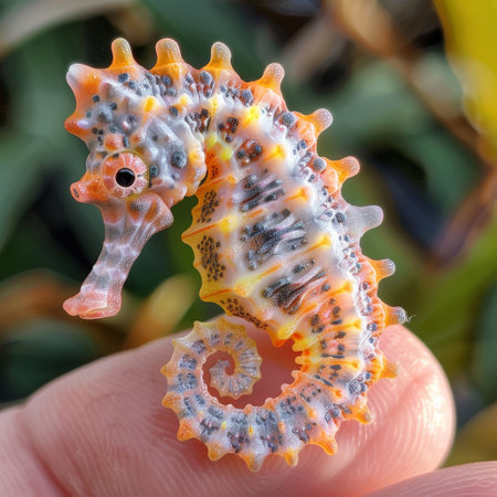 A seahorse, with a curled tail and upright body, is cradled in a hand, its delicate features and vibrant colors brought to life with stunning realism.の素材