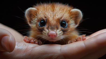 A tiny ferret, playful and inquisitive, peeking out from the fold of a hand, its fur texture and curious eyes rendered with precise realism.の素材