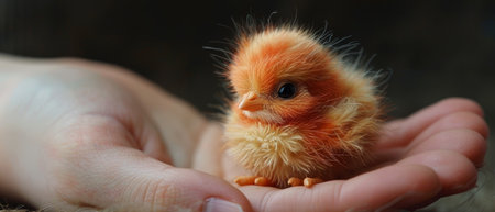 A small chick, feathers fluffy and beak open, nestled in the warmth of a hand, its early moments of life captured in a hyper-realistic style.の素材