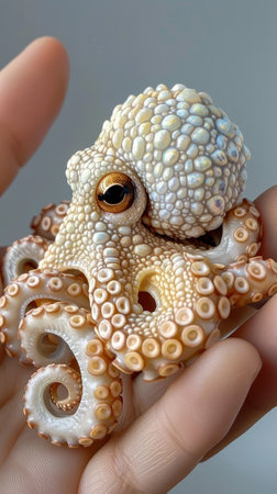 A small octopus, its tentacles curled around a person's palm, against an ocean blue backdrop in hyper-realistic detail.の素材
