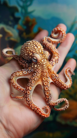 Detailed in hyper-realistic style, a tiny octopus with curled tentacles and visible suction cups rests in a palm against an ocean blue backdrop.の素材