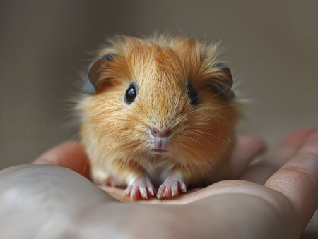 A tiny guinea pig, fur soft and eyes sparkling, cupped gently in both hands, showcasing its domestic charm with lifelike precision.の素材