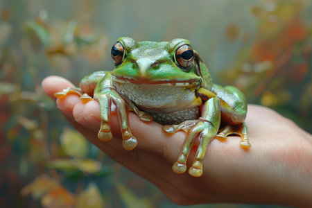 An alert, emerald-hued frog perches on a hand, its eyes wide in hyper-realism.の素材