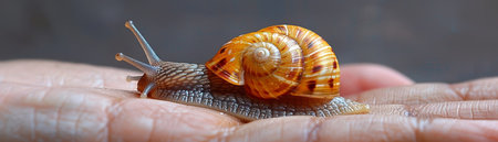 A small snail with a glossy shell and intricate body rests in a hand, displaying the beauty of tiny creatures vividly.の素材