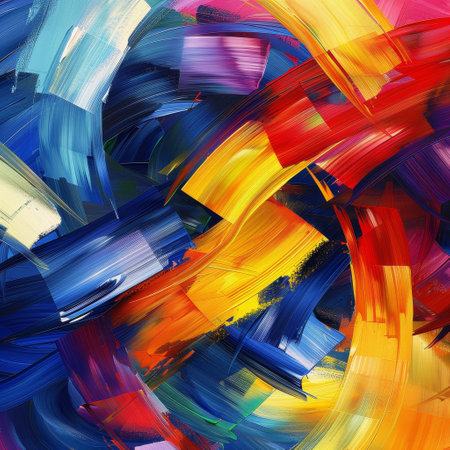 Express colorful, dynamic energy through abstract brush strokes in a cubism art style.の素材
