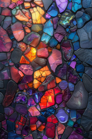 Vibrant psychedelic colors and modern digital art combine in a 3D abstract mosaic with kaleidoscope patterns.の素材