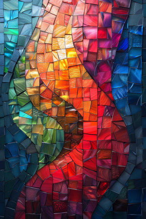 Vibrant psychedelic colors in modern digital art create 3D abstract mosaics with kaleidoscope patterns.の素材