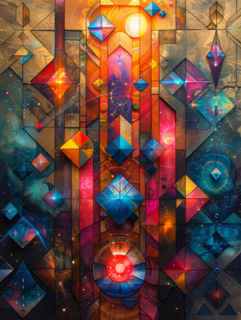 Vibrant kaleidoscope patterns merge with futuristic elements in this psychedelic 3D abstract art.の素材
