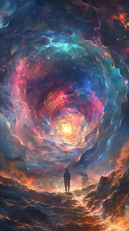 Explore ethereal landscapes with surreal shapes and vibrant color splashes.の素材