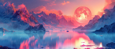A digital wallpaper showcasing a futuristic landscape in a minimalist style with vibrant colorsの素材