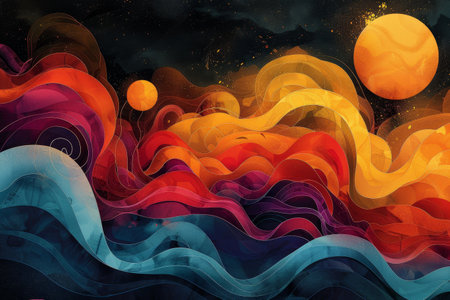 Vibrant hues and dynamic energy in abstract doodles and spirals on digital canvas capture a vivid essence.の素材