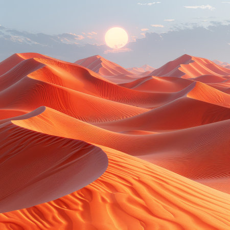 Desert landscape at dawn, a minimalist digital artwork featuring warm hues emerges beautifullyの素材