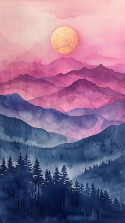 Watercolor abstracts blend ink swirls to form dreamy landscapes with gentle gradient textures.の素材
