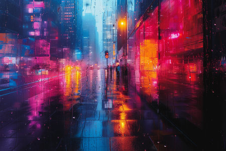 Urban graphics digital art, retro vibes with neon effects, summer urban sceneの素材