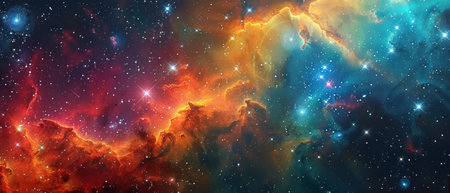 Space theme digital wallpaper showcases stars, galaxies in vibrant colors, creating a celestial masterpieceの素材