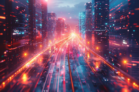 Futuristic cityscape featuring neon lights and vibrant digital art in colorful huesの素材