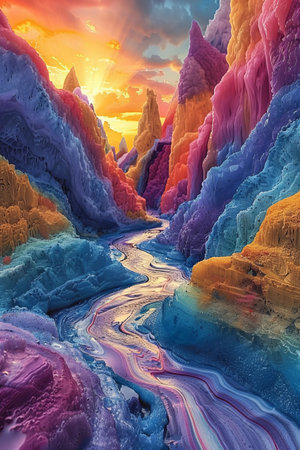 Psychedelic art features surreal landscapes, abstract shapes, and vibrant hues creating a dreamy aura.の素材