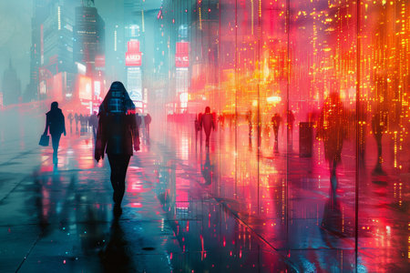 A vibrant futuristic cityscape, adorned with neon lights and digital art in vivid colors, captivates the eyeの素材