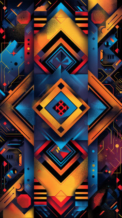 Ethnic patterns showcase colorful modern geometry, exuding vibrant artistic flairの素材