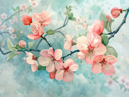 Soft pastel colors create a watercolor background for the Spring blossomsの素材