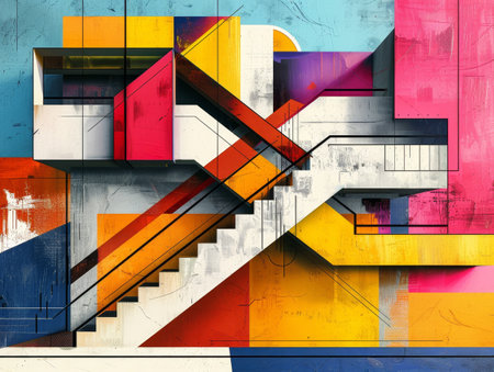 Modern abstract design showcases geometric patterns, minimalist lines, and vibrant color blocks in a harmonious composition.の素材