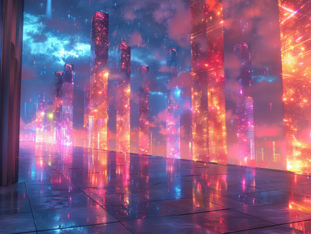 Neon landscapes, futuristic digital art with vibrant and glowing colorsの素材
