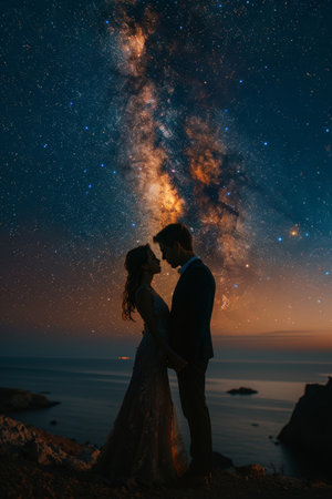 Star-crossed lovers meet under a starry sky with ancient ruins surrounding them.の素材