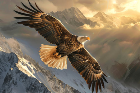 Majestic eagle soars over snow-capped peaks, embodying freedom in golden hour light.の素材