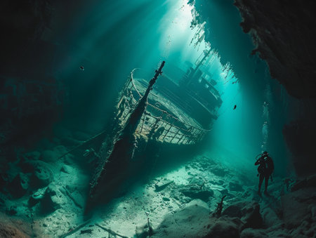 In the underwater scene, a diver uncovers an ancient sunken ship, surrounded by a mysterious aura.の素材