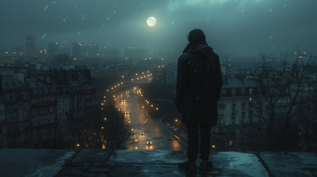 A mysterious figure gracefully moves across Paris rooftops under the veil of night.の素材
