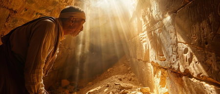 Moment of discovery, archaeologist uncovering a hidden tomb, aweの素材