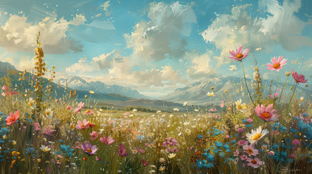 Tranquil meadow blooms, pastel wildflowers exude vintage elegance, serene landscape under gentle sunlight.の素材