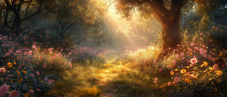 Enchanted garden blooms in warm sunlight, nostalgic retro design evokes nature's tranquility.の素材