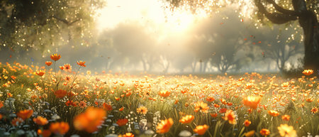 Blooming beauty of a sun-kissed meadow, capturing the essence of springtime with soft-focus flowers, rustic charm, and a vintage feel in peaceful nature.の素材