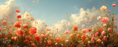 Antique flora design in a sunny field, capturing the essence of spring nature with a floral backdrop, rustic charm, and the peaceful tranquility of vintage botany.の素材