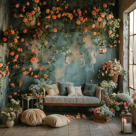 Enchanted garden backdrop with delicate petals and soft light captures vintage floral design's serene beauty.の素材