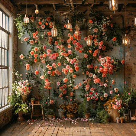 Enchanting garden backdrop with delicate petals, soft light, and vintage floral design exudes serene beauty in a rustic setting.の素材
