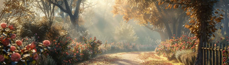 An old-style garden with delicate flowers, warm sun, and vintage charm in nature's serene setting.の素材