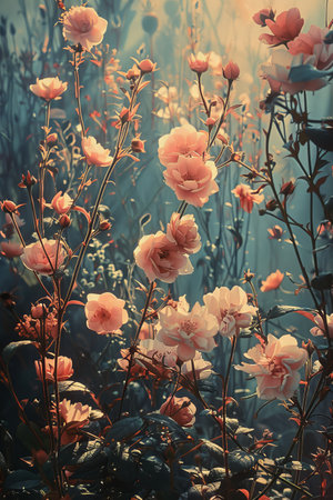 Country style floral backdrop and serene landscape with gentle nature create nostalgic scenery of blooming beauty under warm sunlight enhancing vintage botany.の素材