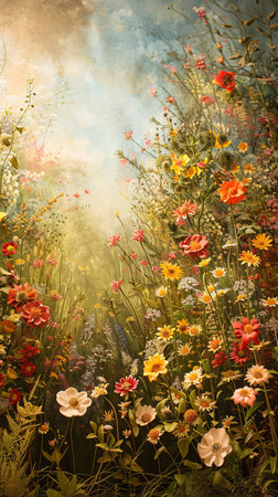 An enchanted garden setting displays floral elegance, honoring nature's hues in a serene country style.の素材