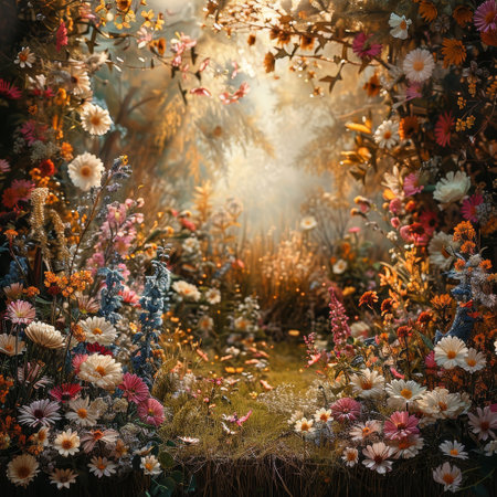 An enchanted garden displays delicate wildflowers in a sunlit field, revealing earthy tones and tranquil essence.の素材