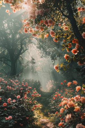 Serene landscape of an enchanted garden, vintage floral elegance with nature's palette, soft-focus flowers and warm sunlight for a peaceful, retro feel.の素材