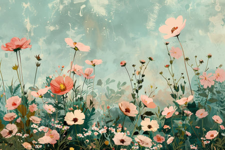 An old-fashioned garden tranquility showcases delicate florals and a serene blooming meadow in soft pastels.の素材