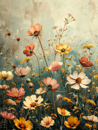 A serene, vintage-inspired garden setting emerges from the blooming meadow, sunlit flowers, and soft pastel colors.の素材