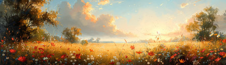 Nature's spring palette blooms in idyllic sun-kissed meadows, with dainty vintage elegance and rustic charm.の素材
