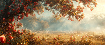 A sun-kissed meadow embodies spring with soft-focus florals, rustic charm, and vintage allure in serene nature.の素材