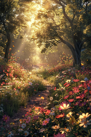 Nature's serene beauty blooms in vintage botany, creating a peaceful vibe among sunlit flowers in pastoral settings.の素材